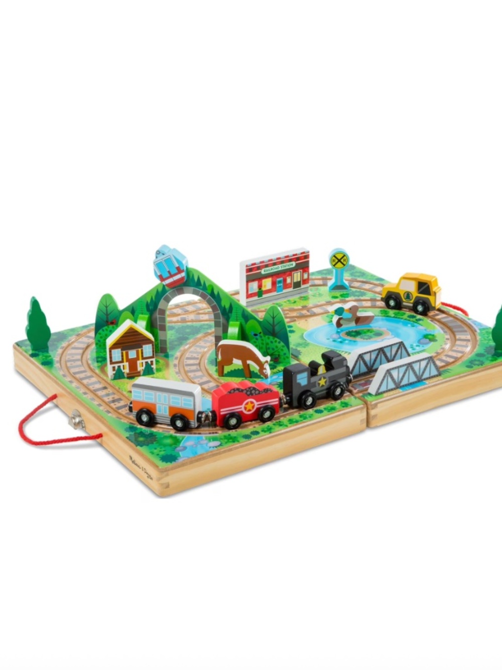 Melissa & Doug 17-Piece Wooden Take-Along Tabletop Railroad and Trains, for Kids